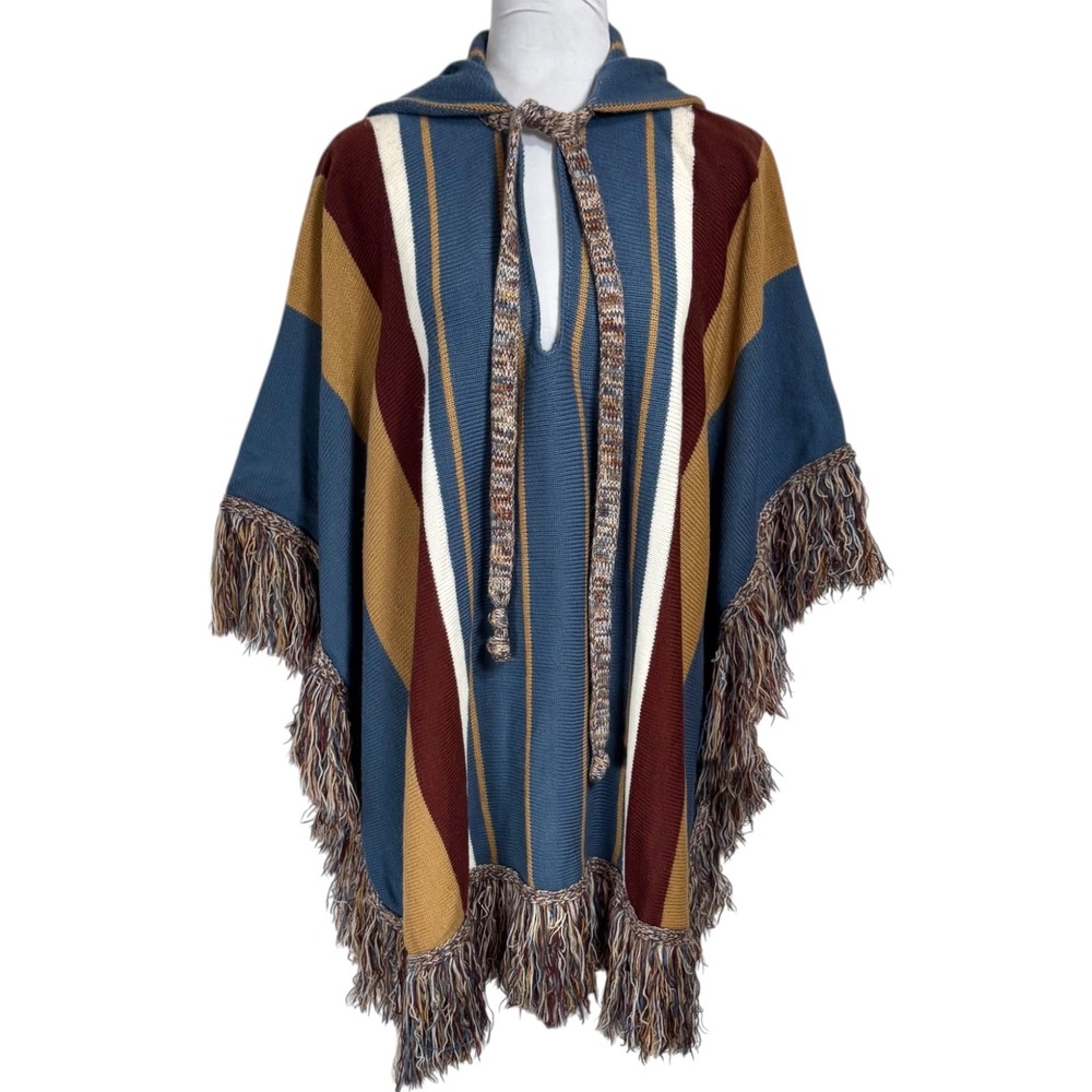 Vintage Hooded‎ Blanket Poncho Fringe Southwestern Striped Knit Boho Serape OS